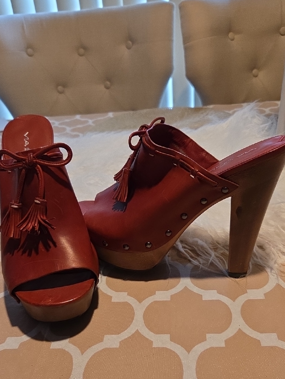 Via Spiga Red Suede Tassel Platform Clogs